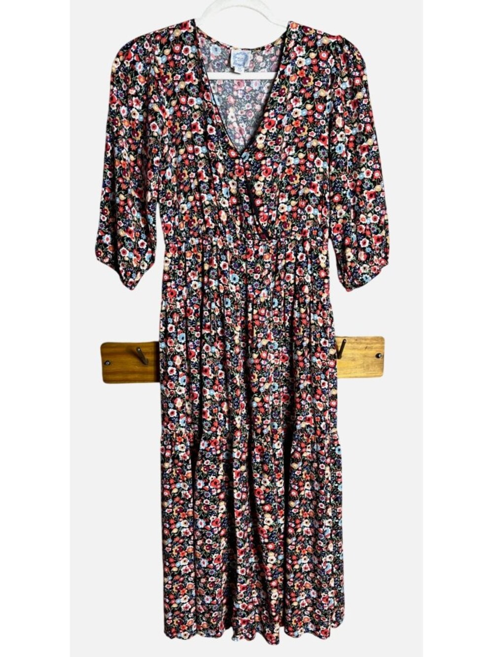 Floral Frenzy Tiered Dress Midi Boho Puff Slv Blue Rain Vibrant Prairie Wom M